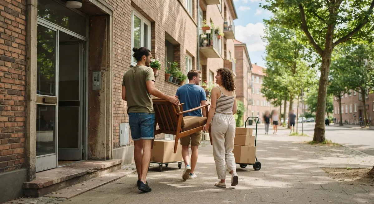 Vier Personen tragen gemeinsam ein Sofa aus einem Hauseingang