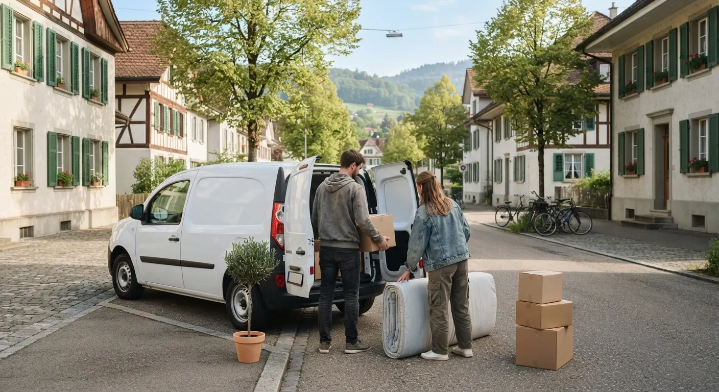 Beschriftete Umzugskartons und ein Preisschild-Anhänger in einer hellen, halb leeren Wohnung