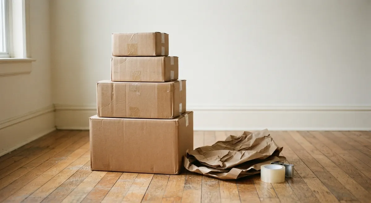Gebrauchte Umzugskartons, Packpapier und Klebeband auf einem Stapel neben einem Sessel