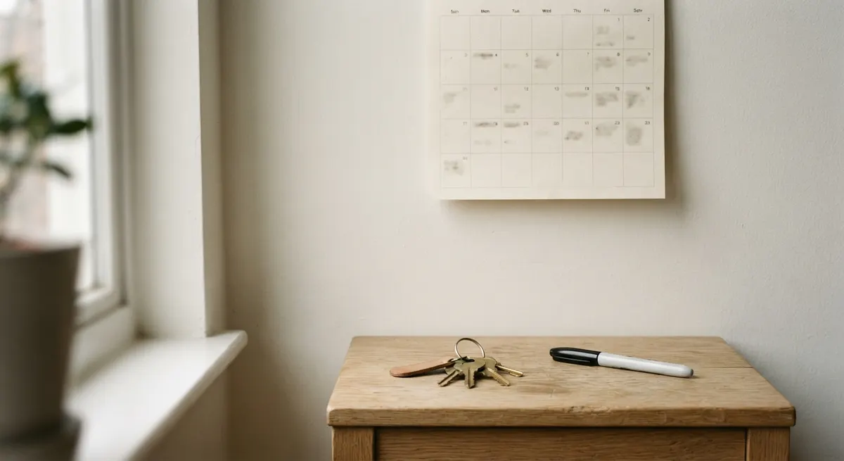 Wandkalender mit markiertem Monatsende und daneben ein Schlüsselbund auf einem Holztisch